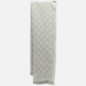 Gucci Grey GG Jacquard Wool Fringe Scarf
