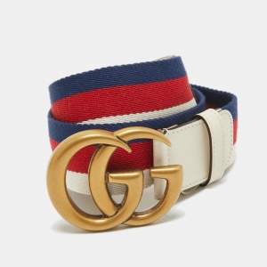 Gucci White Web Canvas and Leather GG Marmont Buckle Belt 90CM