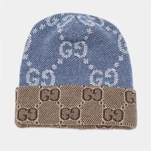 Gucci Blue/Brown GG Jacquard Wool Knit Beanie Hat S