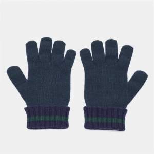 Gucci Navy Blue/Green GG Cashmere Knit Gloves L