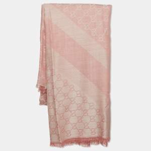 مملوكة مسبقًا Gucci Pink GG Jacquard Wool Frayed Edge Scarf 