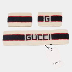 Gucci Beige Logo Stripe Sports Headband & Wristbands Set M