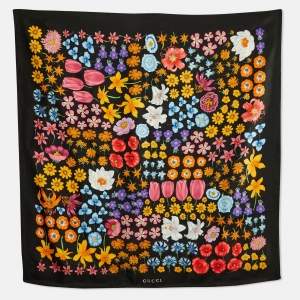 Gucci Black Flora Print Silk Scarf