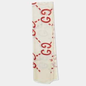 Pre Owned Gucci Cream & Red GG Ghost Print Modal & Silk Blend Scarf 