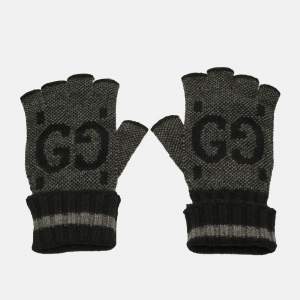 Pre Owned قفازات غوتشي بدون أصابع رمادي/أسود GG كشمير مقاس متوسط - ميديم