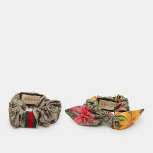 Pre Owned Gucci Beige/Ebony GG Silk Scrunchie Set of 2