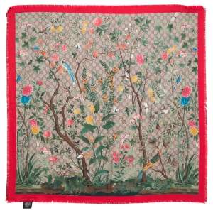 Pre Owned Gucci Red & Beige Tian Silk Square Scarf