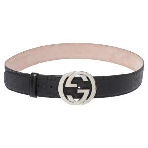 Pre Owned Gucci Black Guccissima Leather Interlocking G Buckle Belt 90CM
