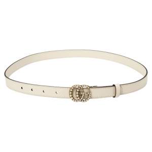 Gucci Cream Leather GG Marmont Pearl Embellished Buckle Belt 90CM