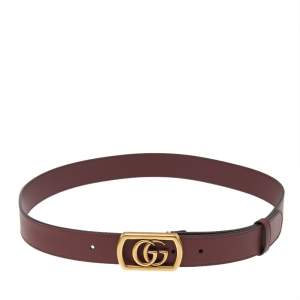 Pre Owned Gucci Maroon Leather Framed Double G Buckle Belt 85CM
