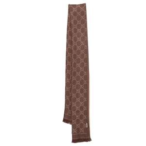Pre Owned Gucci Brown & Beige Monogram Jacquard Wool Fringed Scarf 