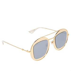 Pre Owned Gucci Gold Tone/ White GG0105S Round Sunglasses