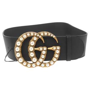 Pre Owned Gucci Black Leather GG Pearl Embellished Waist Belt 80CM