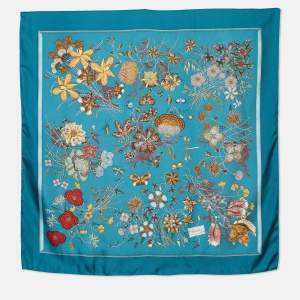 Pre Owned Gucci Teal Blue Aquatic Print Silk Scarf