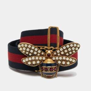 مملوكة مسبقًا Gucci Navy Blue/Red Web Sylvie Queen Margaret Bee Buckle Belt 85CM