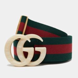 Gucci Green Web Elastic Fabric Marble Effect Double G Buckle Belt 85CM