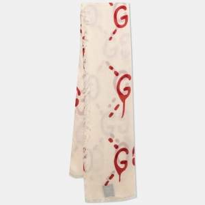 Gucci Cream and Red GG Ghost Writers Print Modal & Silk Blend Scarf