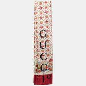 Gucci 100 Cream/Red Silk Monogram Floral Print Stole