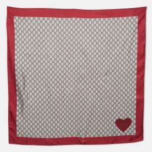 Gucci Red & Beige Monogram Printed Silk Square Scarf