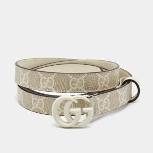 Gucci White GG Supreme Canvas and Leather Double G Slim Belt 100CM