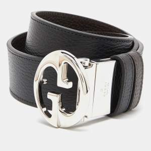 Gucci Black/Brown Leather Interlocking G Reversible Buckle Belt 85CM