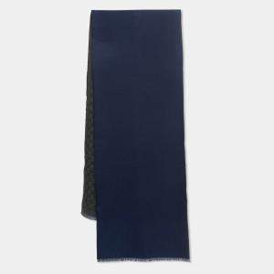Gucci Navy Blue/Grey GG Jacquard Wool Lonar Reversible Scarf
