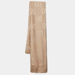 Pre Owned Gucci Beige Logo Jacquard Wool & Silk Shawl