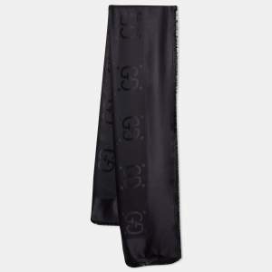 Pre Owned Gucci Black Logo Jacquard Wool & Silk Shawl