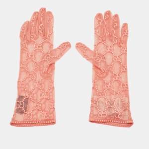 Gucci Nojum Pink Logo Embroidered Tulle Gloves L