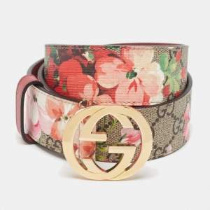 Gucci Beige/Pink GG Supreme Blooms Print Canvas Interlocking G Buckle Belt 80CM