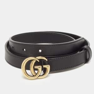 Gucci Black Leather Slim Double G Buckle Belt 70CM