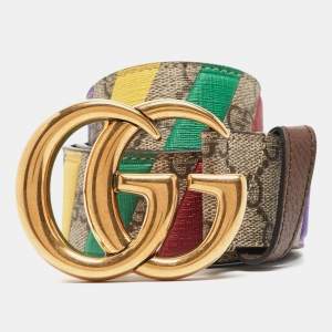 Gucci Beige GG Supreme Canvas Stripe Double G Buckle Belt 70CM