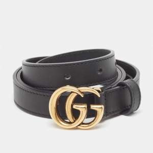 Gucci Black Leather Double G Buckle Slim Belt 85 CM