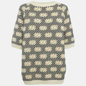 Gucci Off White/Black GG Lurex Jacquard Wool Crewneck Sweater XS