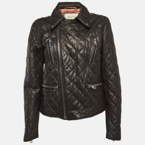 Pre Owned Gucci Black Pearl Logo Embellished Leather Biker Jacket M