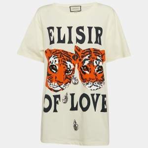Gucci Cream Tiger Print and Sequined Cotton Oversize T-Shirt S