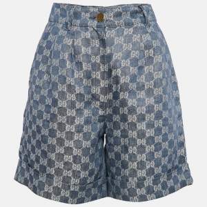Gucci Blue GG Jacquard Denim Pleated Shorts S