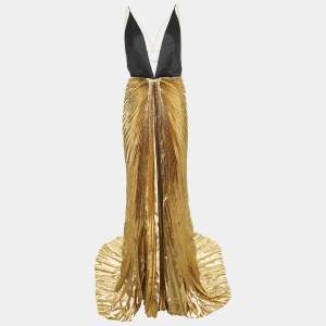 Gucci Metallic Gold Satin Silk and Lame Plisse Harness Detail Gown L