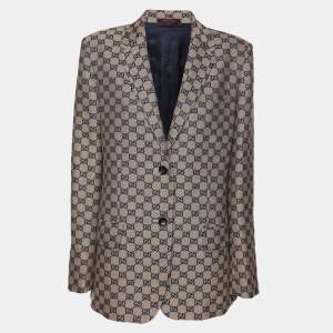 Gucci Beige/Blue GG Linen Blend Blazer M