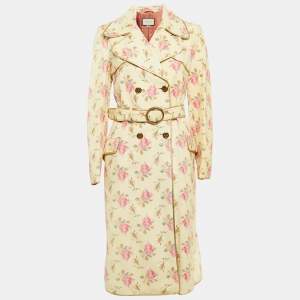 Gucci Yellow Floral Leather Double Breasted Coat M