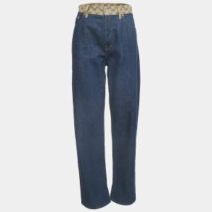 Pre Owned Gucci Blue Denim GG Jacquard Waist Detail Low Waist Jeans M Waist 28"