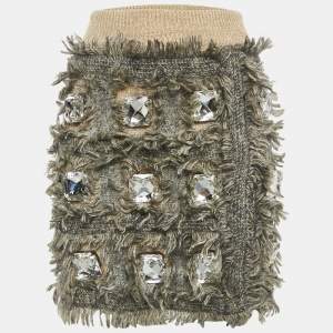 Gucci Beige Fringed Wool Heavy Crystal Embellished Mini Skirt XS