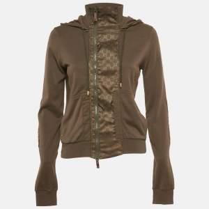 Gucci Khaki Green Cotton Knit Monogram Panel Detail Hooded Zip-Up Jacket S