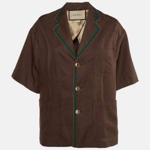 Gucci Brown Web Stripe Linen Blend Bowling Shirt S