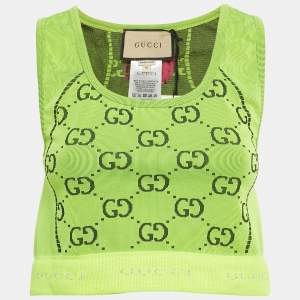 Pre Owned Gucci Fluorescent Green GG Jacquard Crop Tank Top M