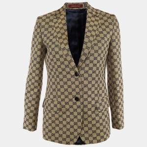 Pre Owned Gucci Beige/Blue GG Supreme Linen Blend Tailored Jacket S