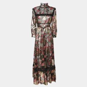 مملوكة مسبقًا Gucci Gold/Pink Flora Pattern Tulle and Lace Trim Belted Maxi Dress S