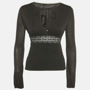 Pre Owned Gucci Black Lace Trim Jersey Shirring Top XS