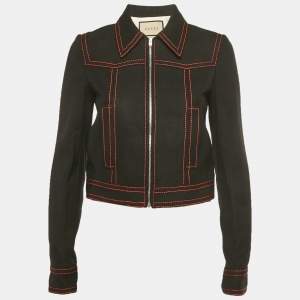 مملوكة مسبقًا جاكيت غوتشي دينم أسود مزين بسحاب أمامي هويوود بابلون مقاس صغير جدًا - XS