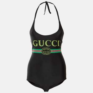 Pre Owned Gucci Black Logo Print Jersey Swimsuit XXS